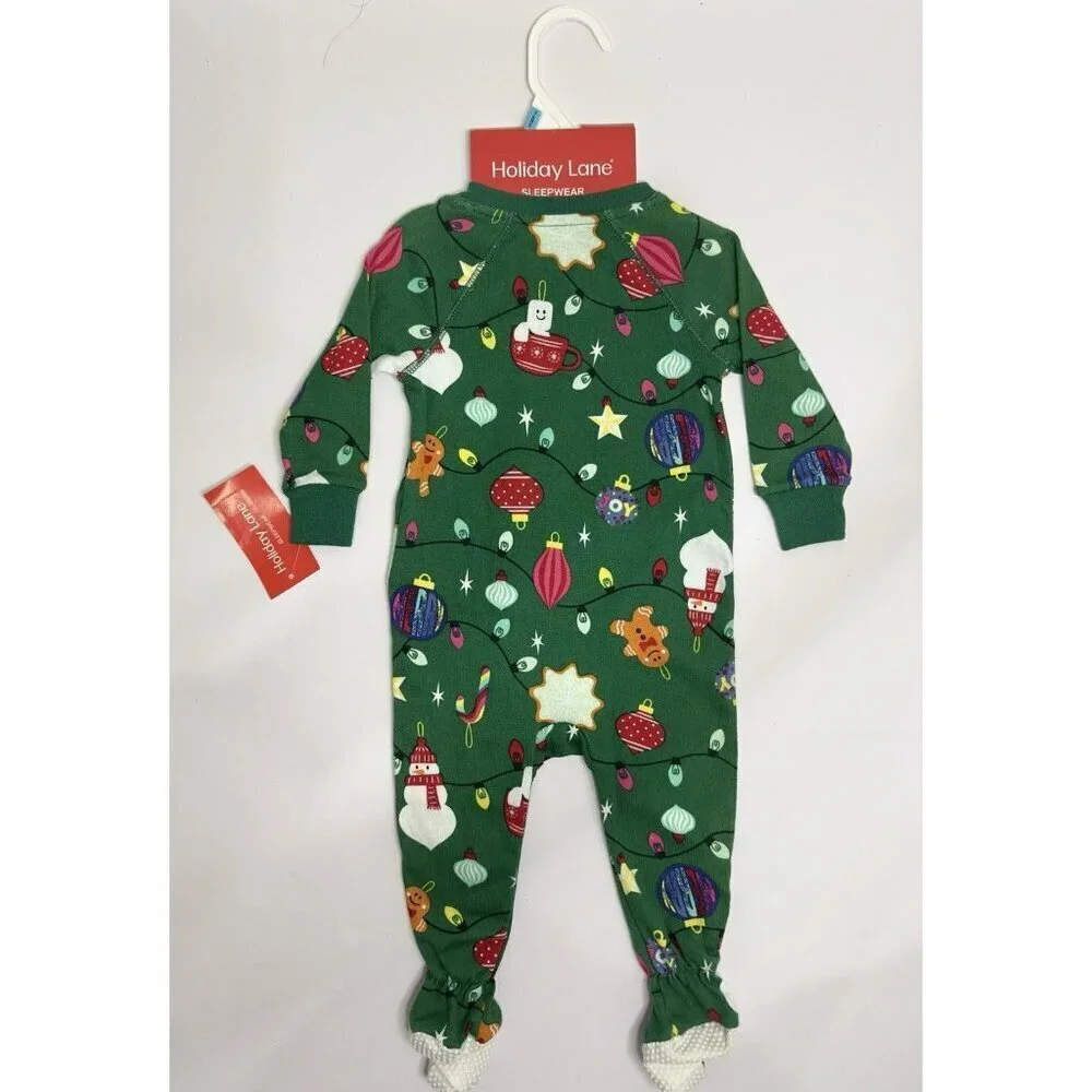 Holiday Lane Baby Christmas Footed Sleeper 0-3 M Green Lights Ornaments Cotton.